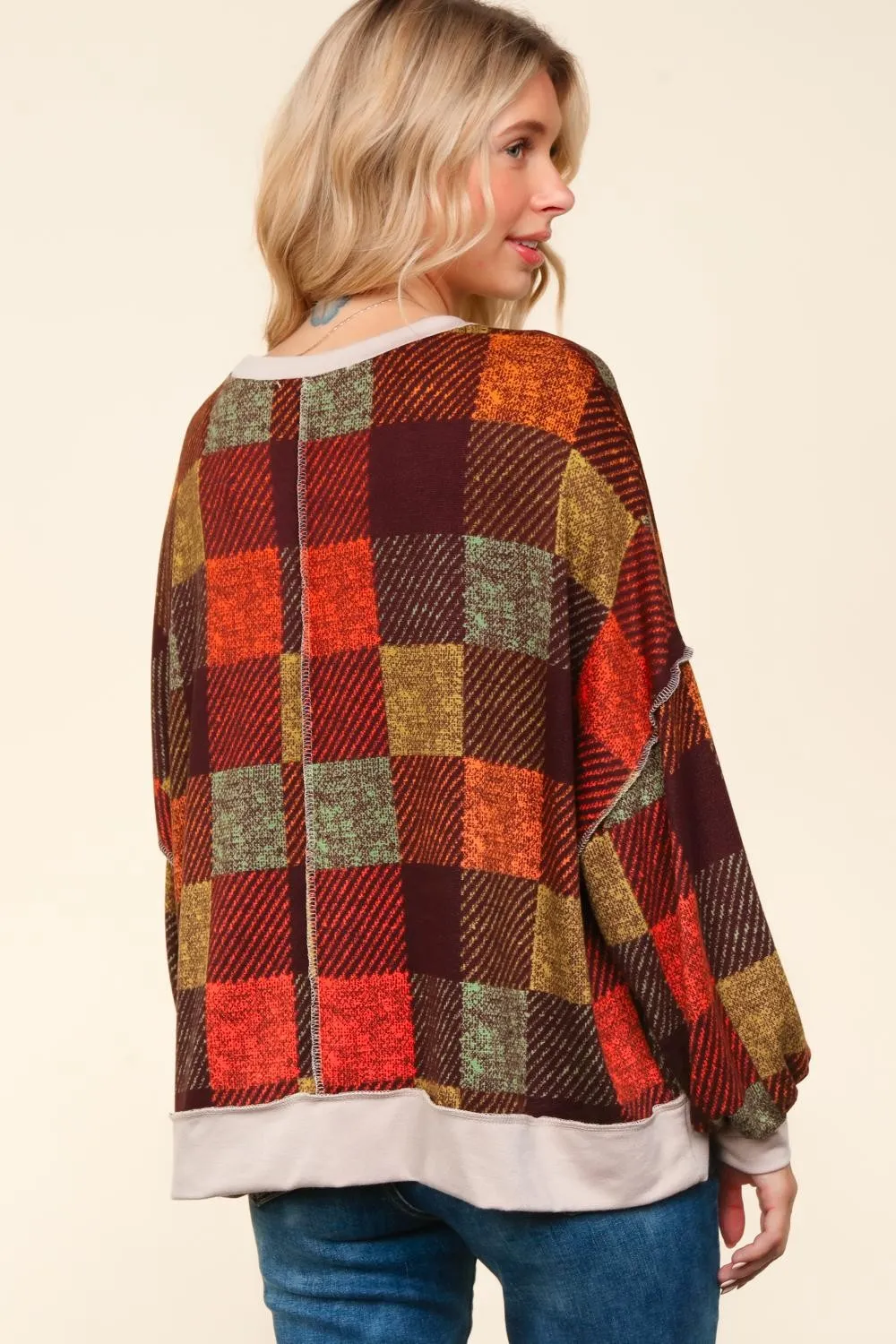 DROP SHOULDER COLOR BLOCK PLAID CHECK PRINT