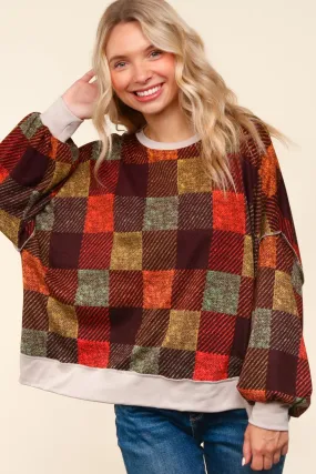 DROP SHOULDER COLOR BLOCK PLAID CHECK PRINT