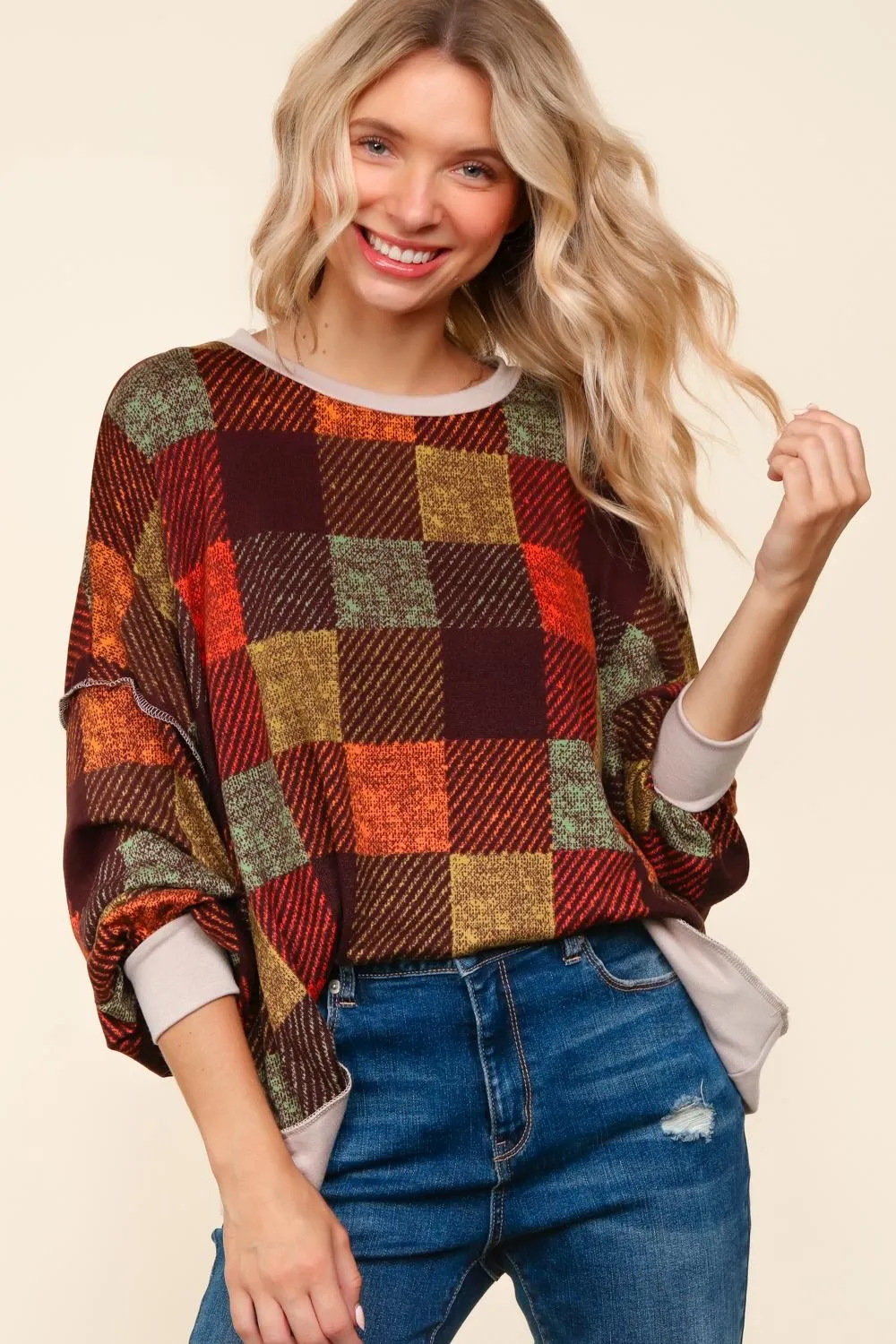 DROP SHOULDER COLOR BLOCK PLAID CHECK PRINT