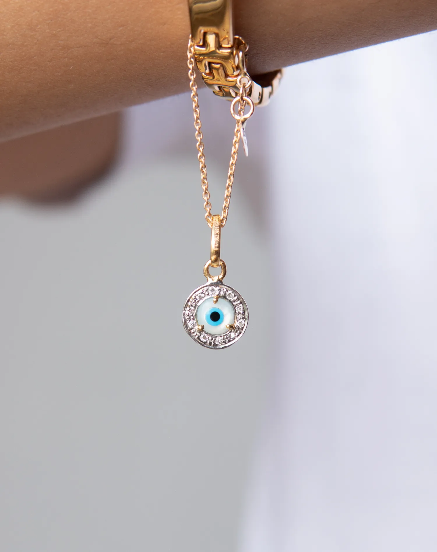 Evil Eye Charm Pendant - Round with Diamonds Small