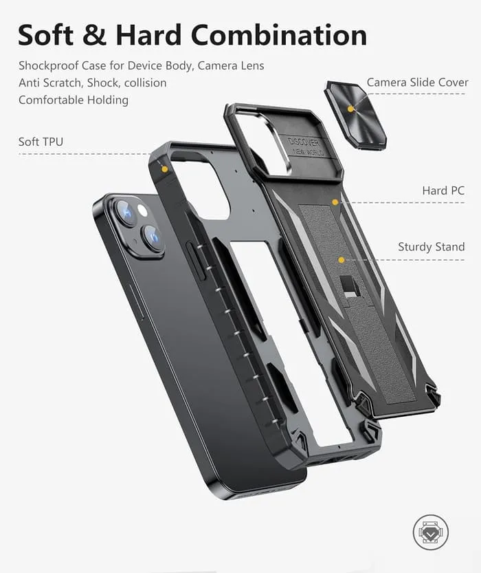 FNTCASE iPhone 13 iPhone 14 Phone Cover with Slidable Camera Lens Cover and Built-in Kickstand