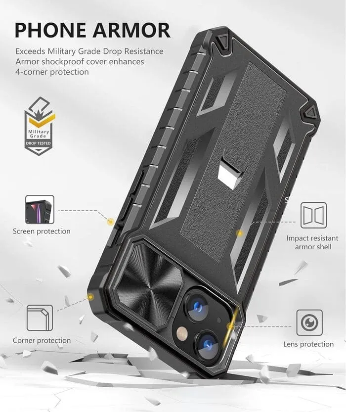 FNTCASE iPhone 13 iPhone 14 Phone Cover with Slidable Camera Lens Cover and Built-in Kickstand