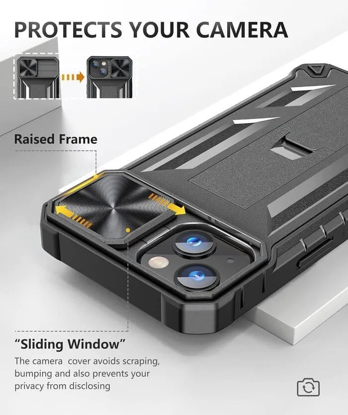 FNTCASE iPhone 13 iPhone 14 Phone Cover with Slidable Camera Lens Cover and Built-in Kickstand