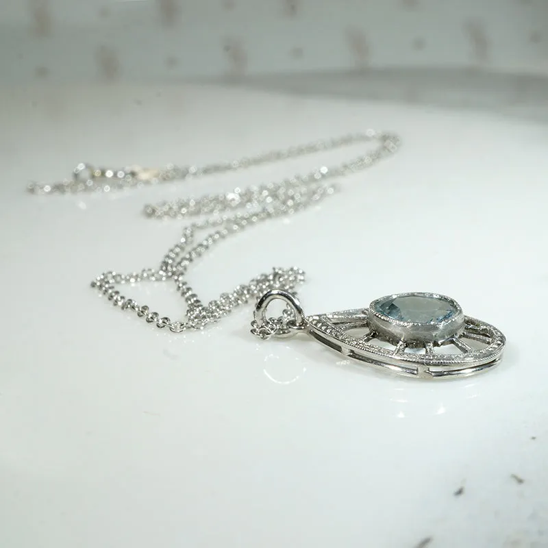 Frosty Aquamarine in Engraved Platinum Teardrop Pendant