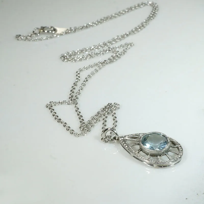 Frosty Aquamarine in Engraved Platinum Teardrop Pendant