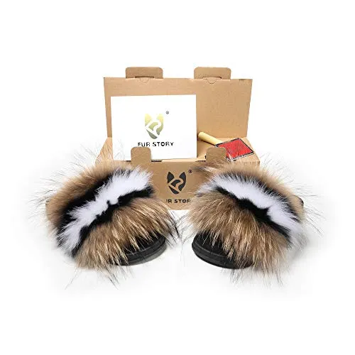 Fur Story Women's Fox Fur Slides Furry Slide Sandals Summer Fur Slippers (Brown, Numeric_7_Point_5)