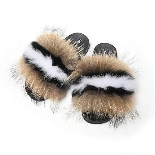 Fur Story Women's Fox Fur Slides Furry Slide Sandals Summer Fur Slippers (Brown, Numeric_7_Point_5)