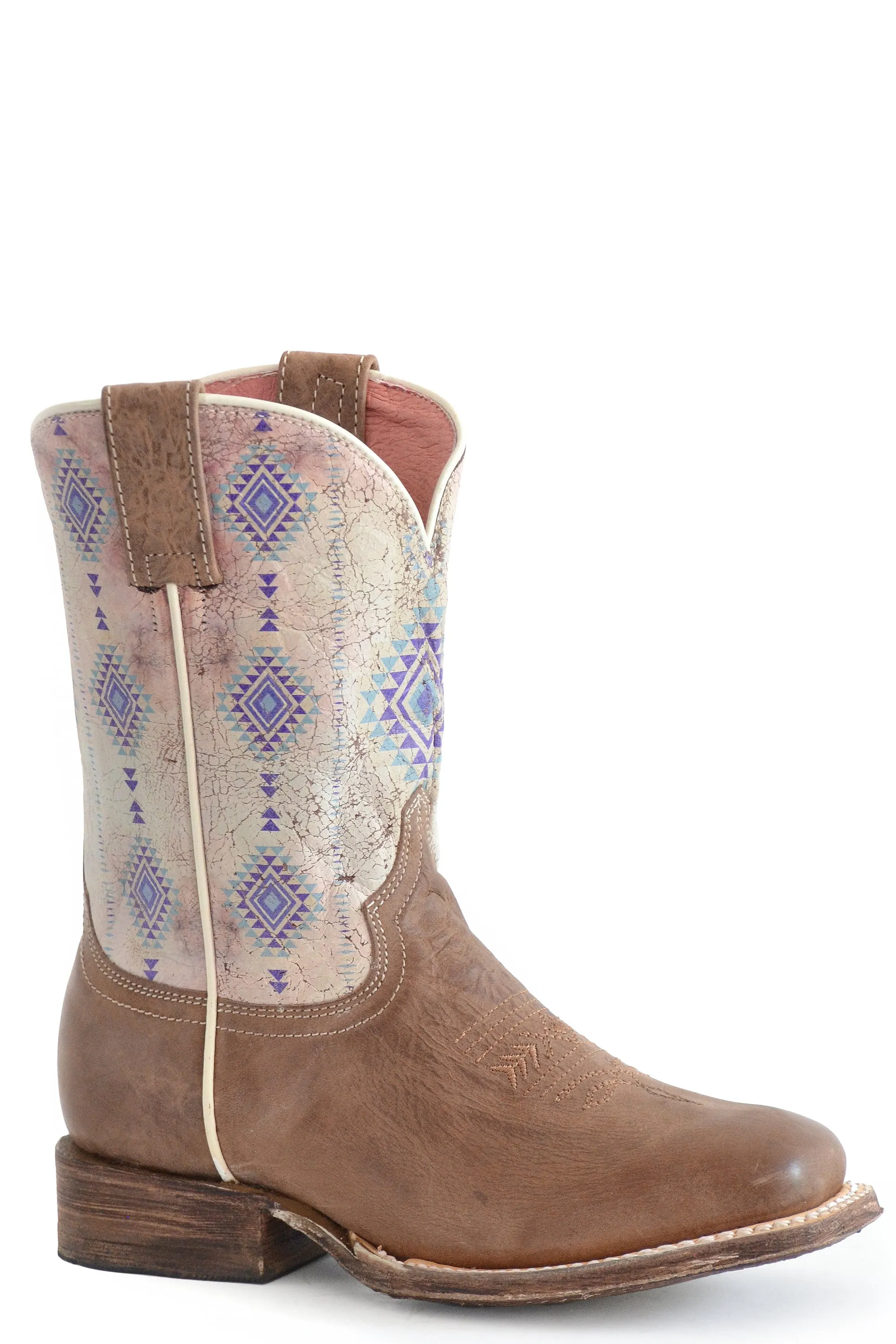 Girls Roper Burnished Tan Square Toe Boot w/ Aztec Design