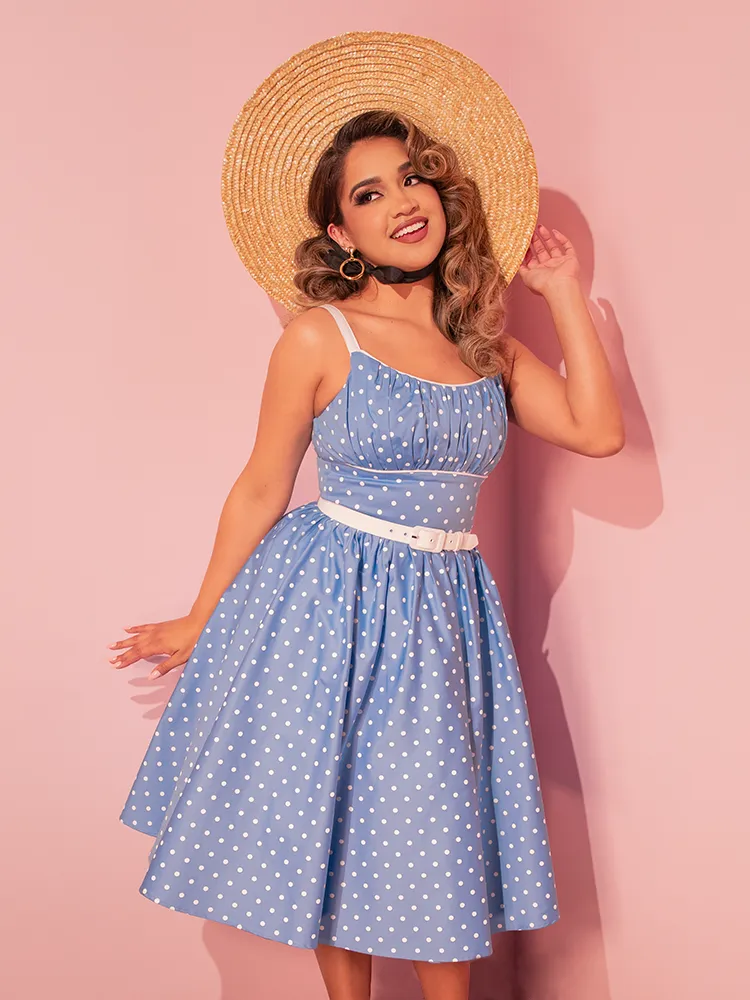 Ingenue Swing Dress in Light Blue w/White Polka Dots - Vixen by Micheline Pitt