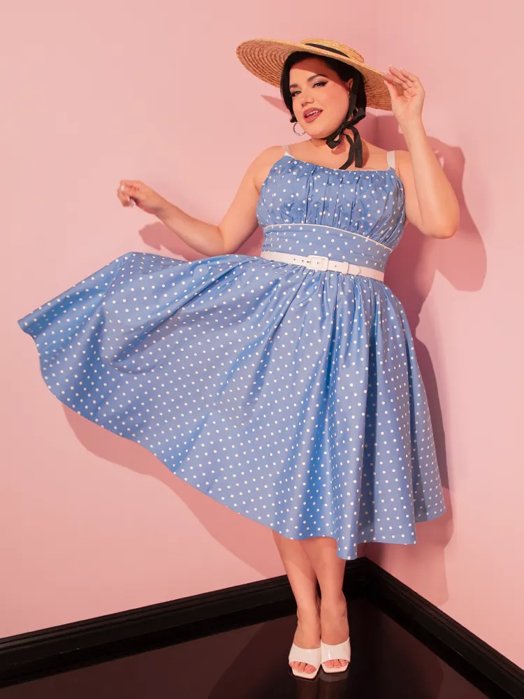 Ingenue Swing Dress in Light Blue w/White Polka Dots - Vixen by Micheline Pitt