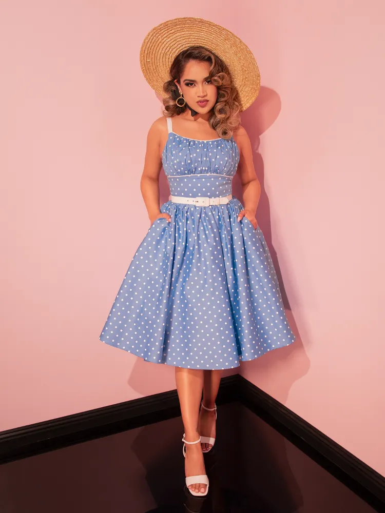 Ingenue Swing Dress in Light Blue w/White Polka Dots - Vixen by Micheline Pitt