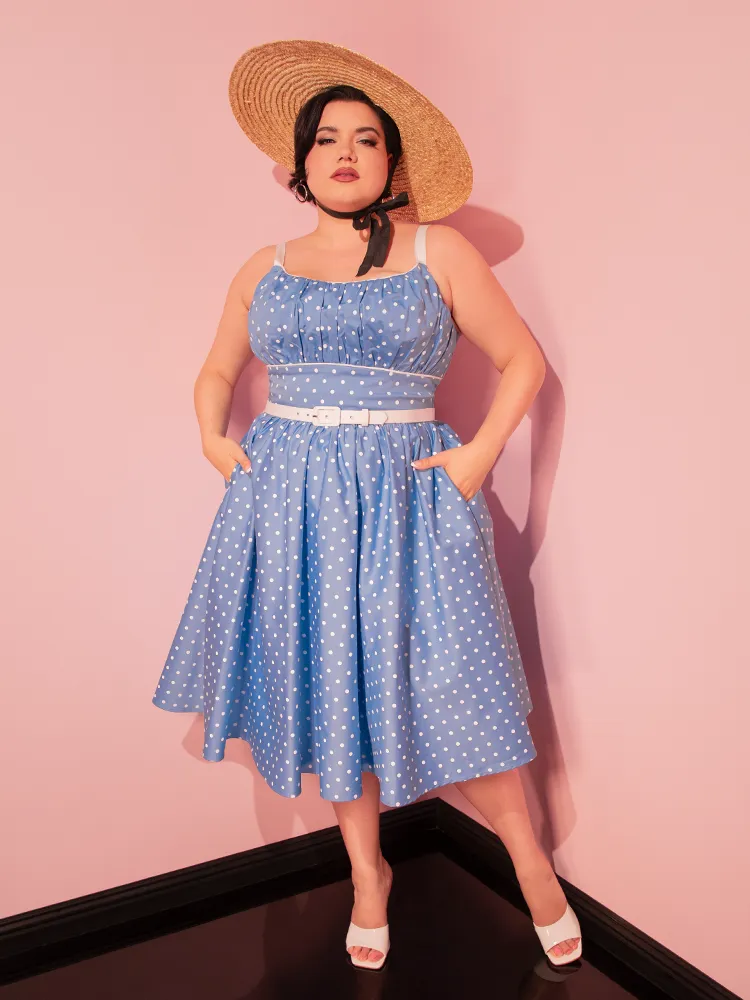 Ingenue Swing Dress in Light Blue w/White Polka Dots - Vixen by Micheline Pitt