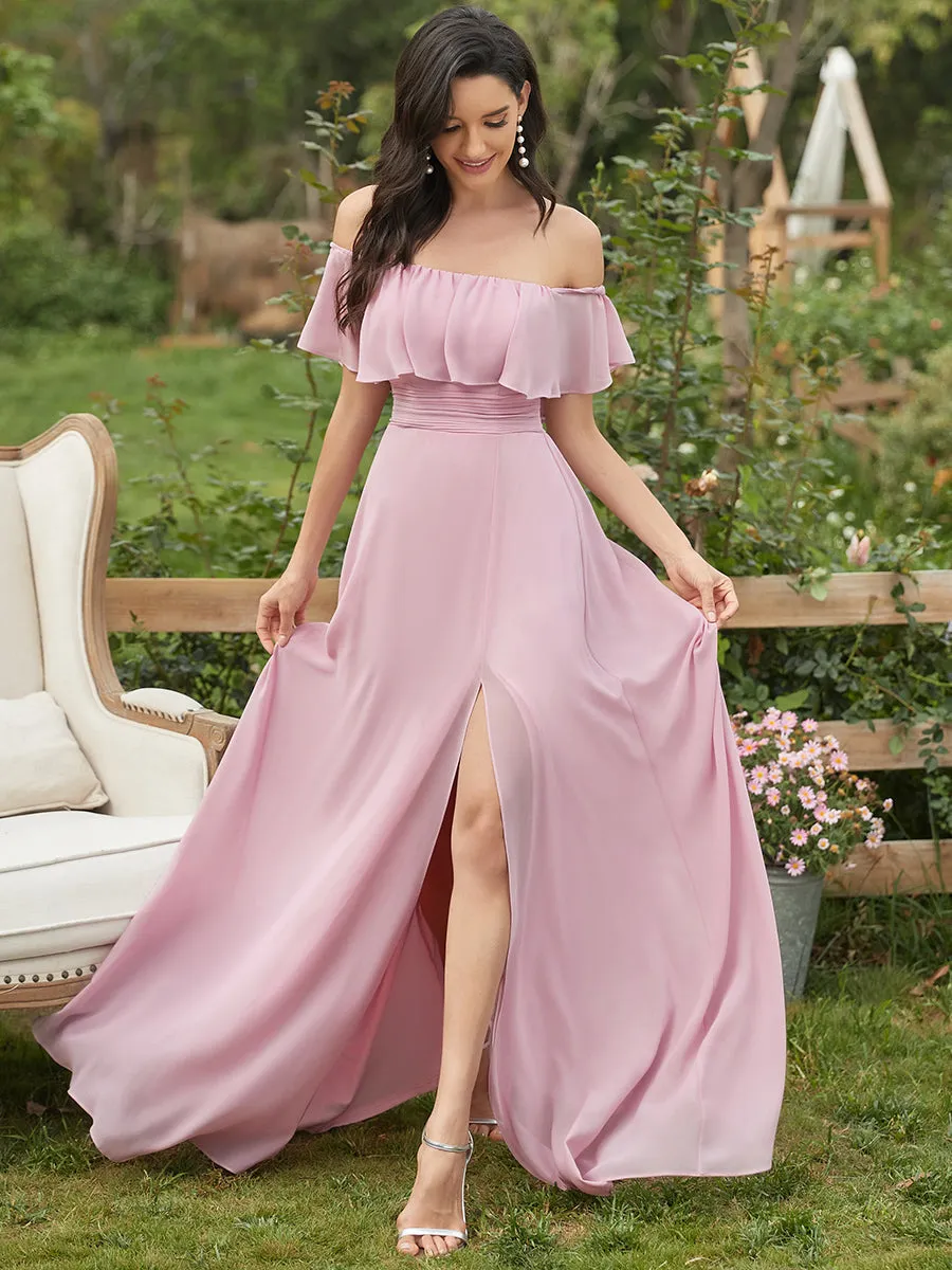 JUNE RUFFLED OFF-SHOULDER SPLIT GOWN