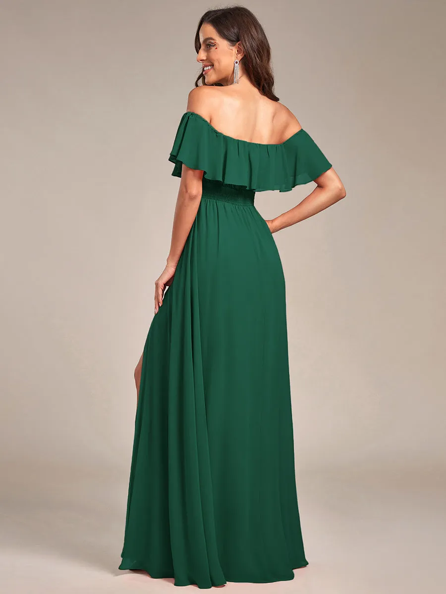 JUNE RUFFLED OFF-SHOULDER SPLIT GOWN