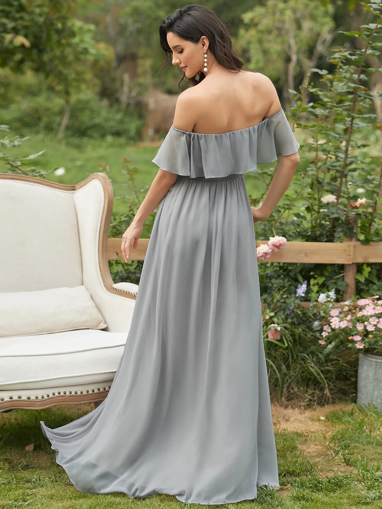 JUNE RUFFLED OFF-SHOULDER SPLIT GOWN