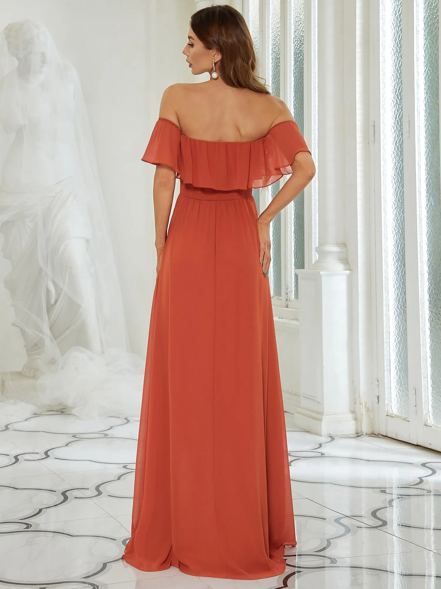 JUNE RUFFLED OFF-SHOULDER SPLIT GOWN