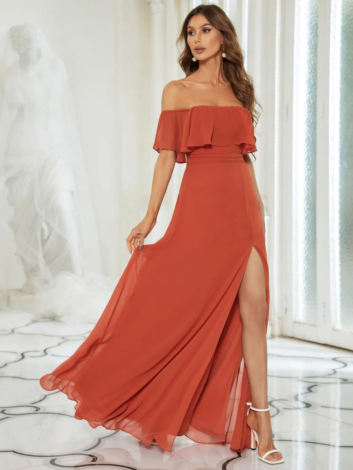 JUNE RUFFLED OFF-SHOULDER SPLIT GOWN