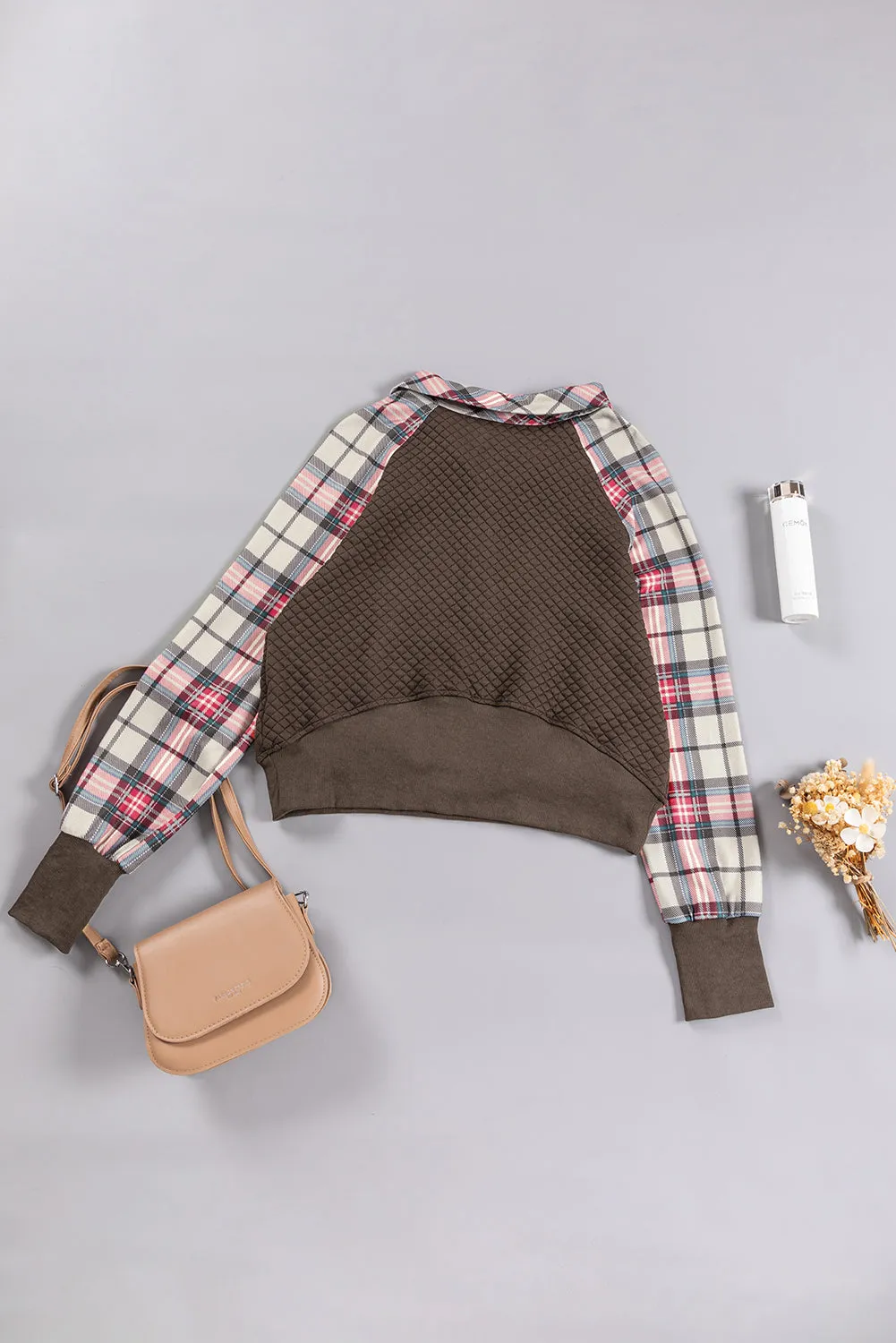 Khaki Printed Plaid Sleeve Patchwork Collared Textured Sweatshirt