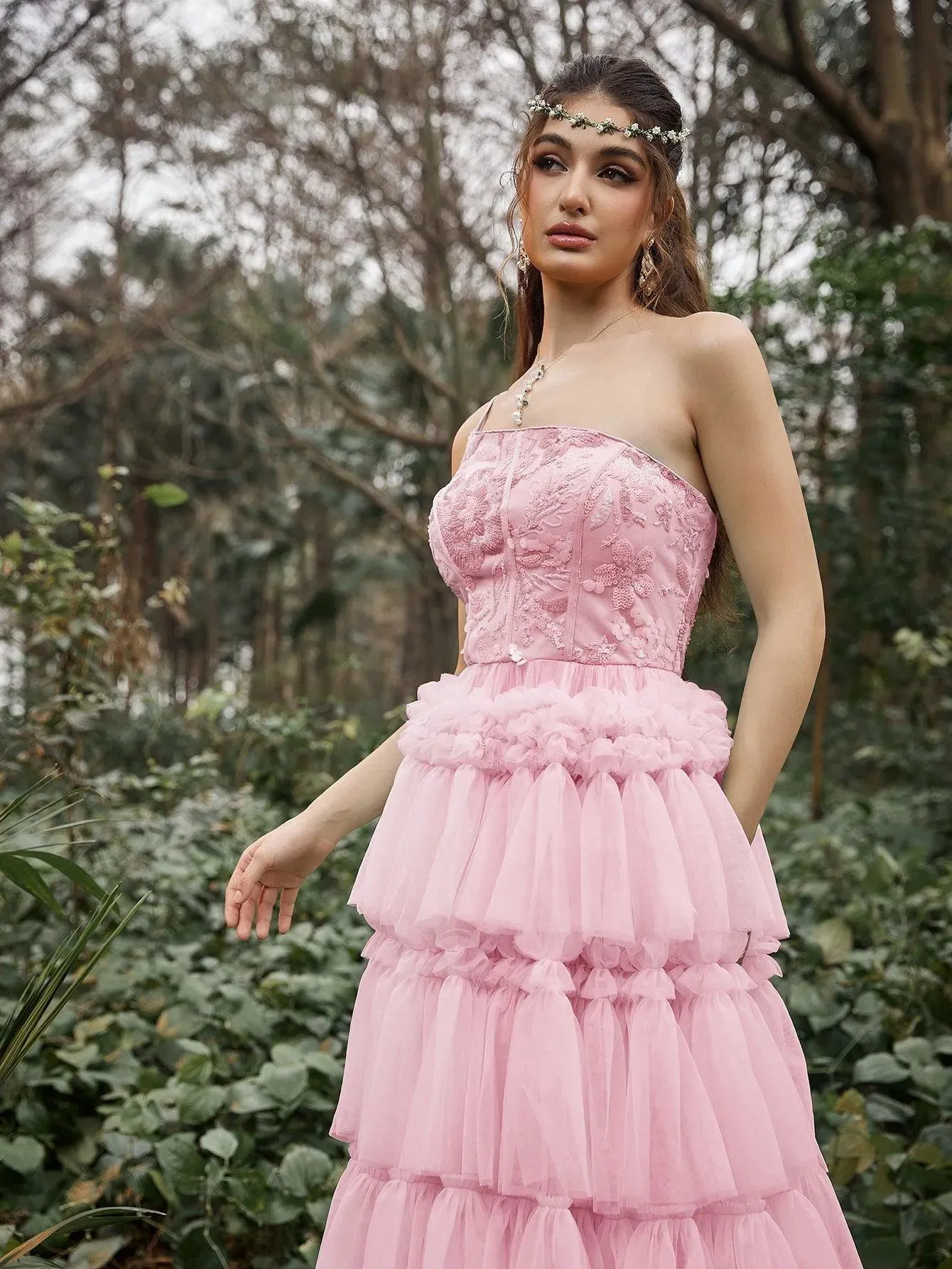 Luxury One Shoulder Floral Sequin Bodice Layered Tulle Hem Prom Dress