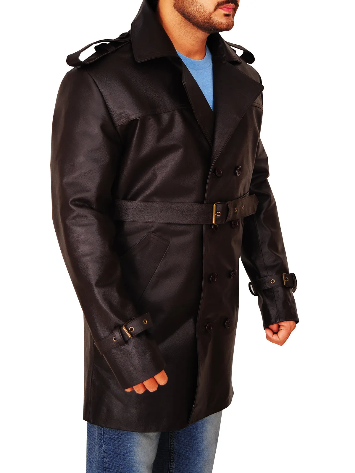 Men Brown Leather Peacoat