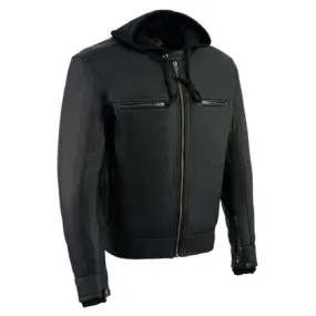 Men's Black Leather ‘Utility Pocket’ Vented Jacket with Removable Hoodie