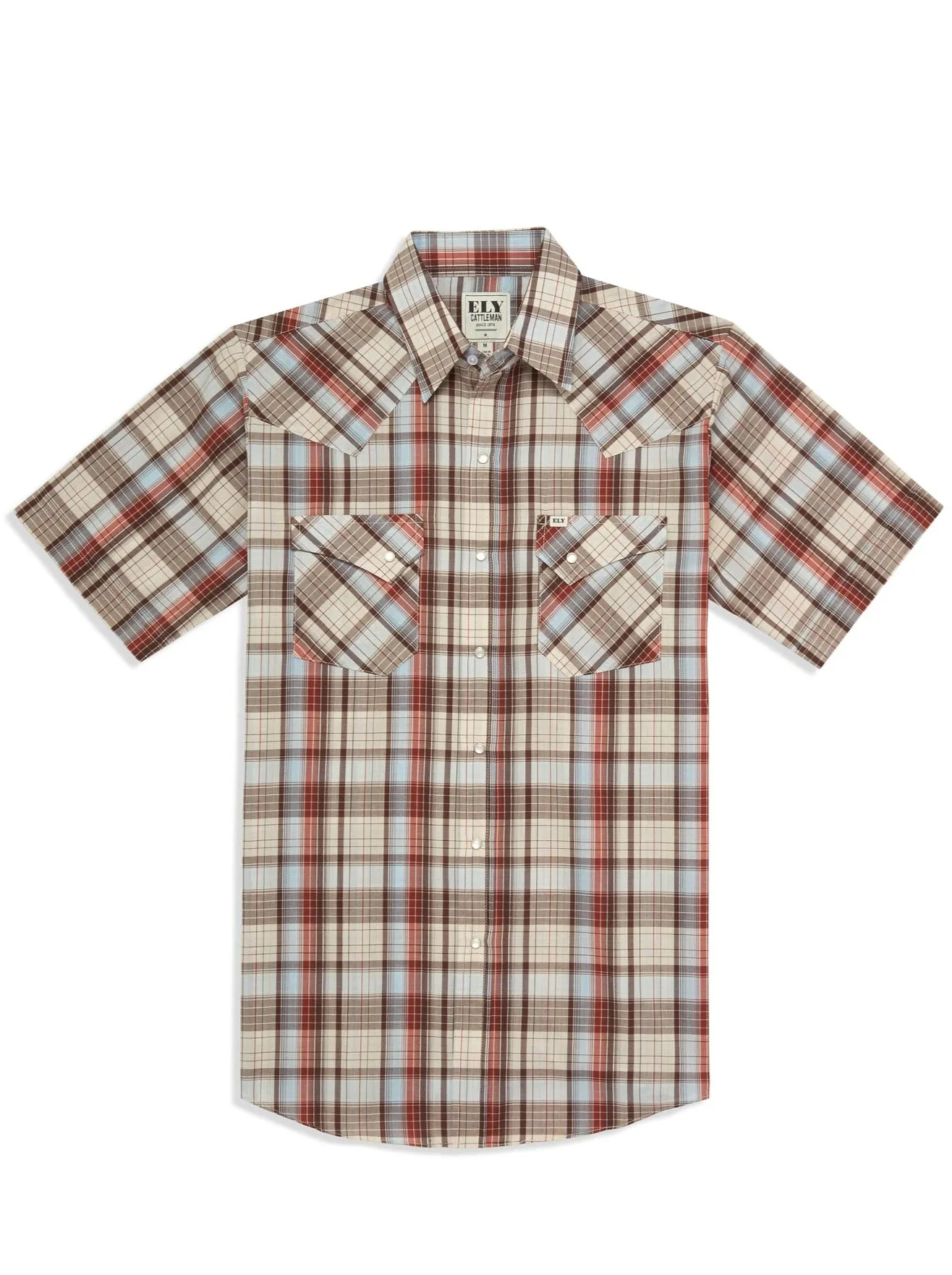 Men's Ely Cattleman Short Sleeve Plaid Western Snap Shirt- Brown & Blue