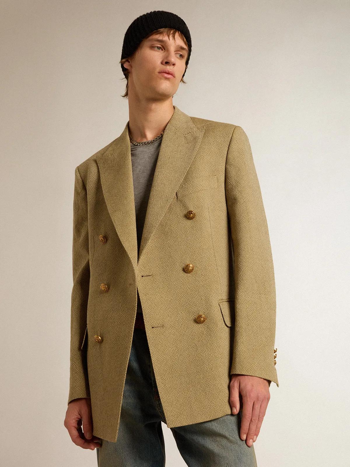 Men’s pale beech-colored double-breasted blazer