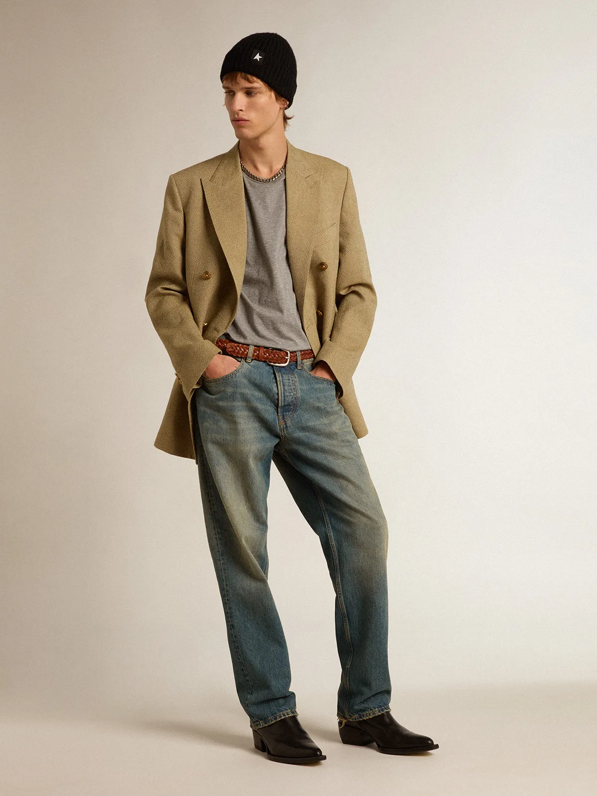 Men’s pale beech-colored double-breasted blazer