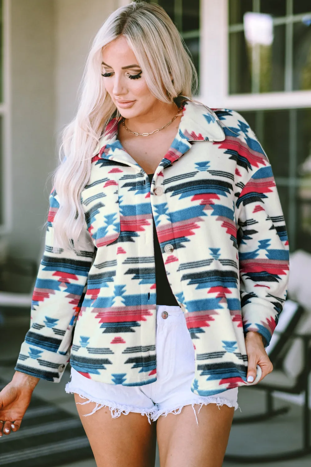 Multicolor Aztec Print Button-up Turn Down Collar Shacket