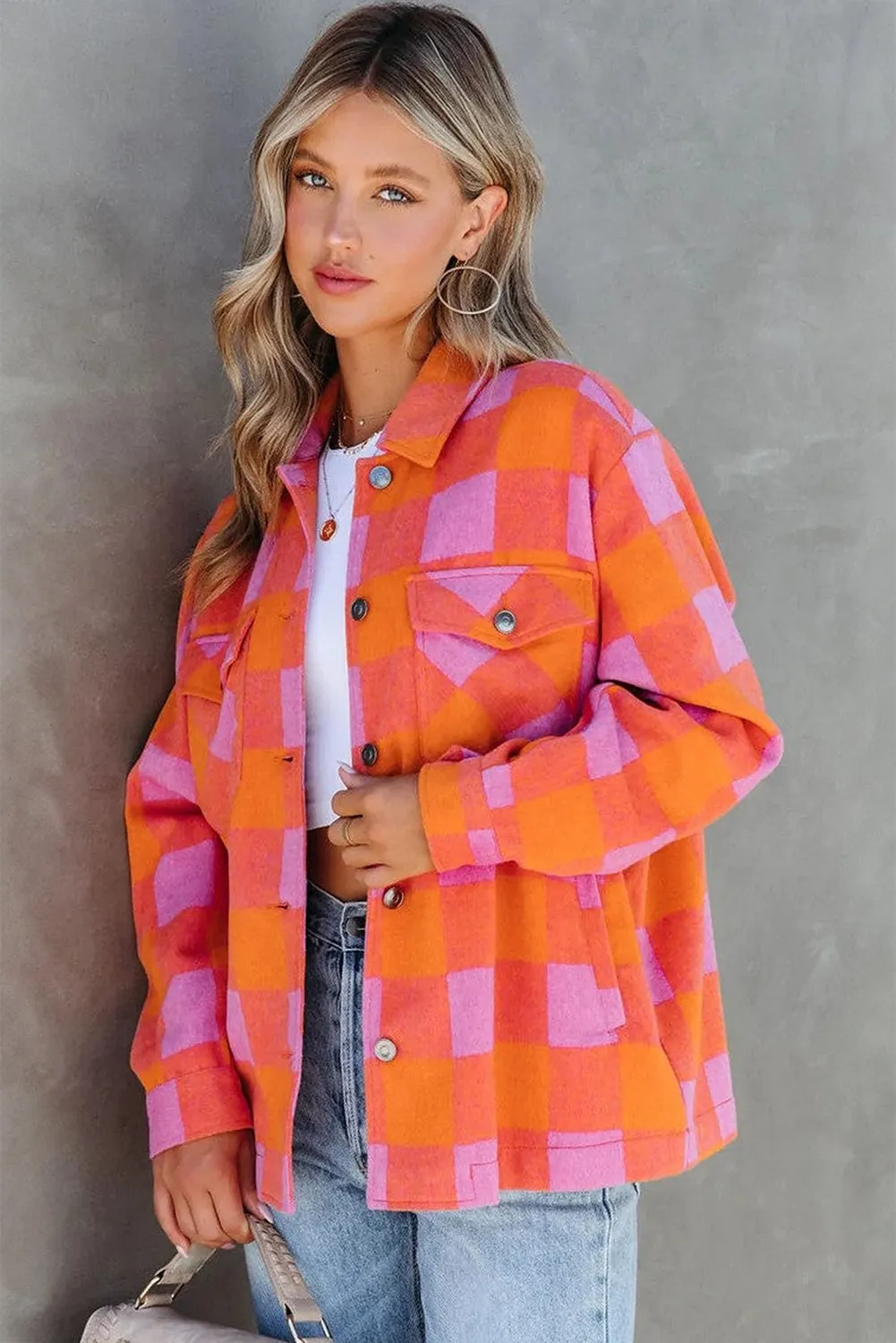 Orange Plaid Chest Pockets Button-up Turn Down Collar Jacket