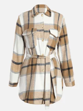 Plaid Thickened Wool Strapped Coat (Khaki)