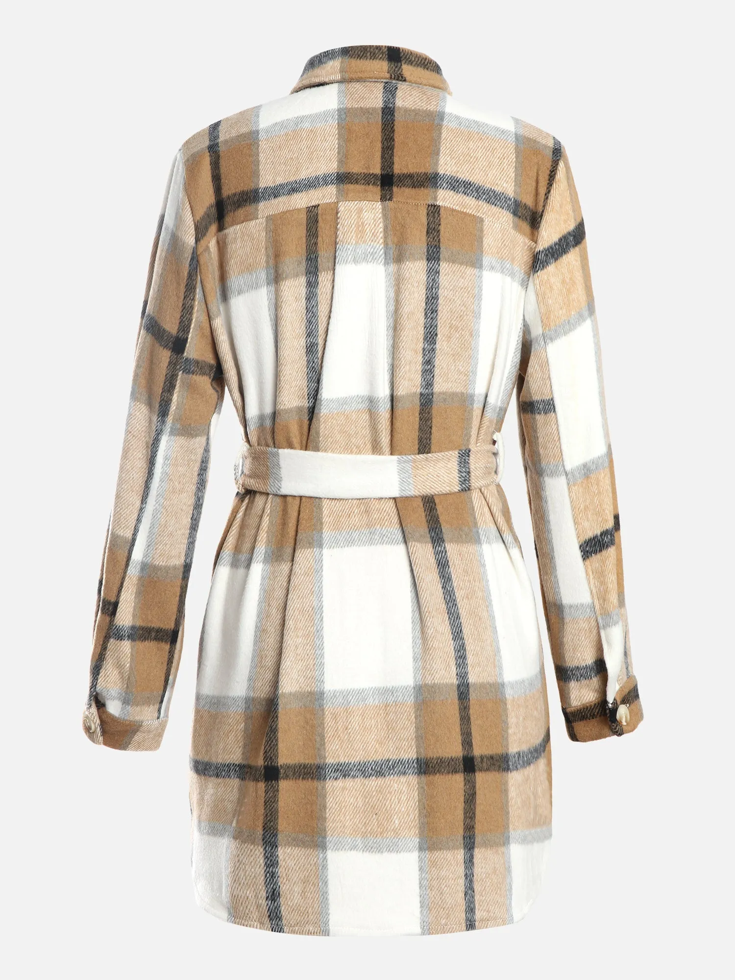 Plaid Thickened Wool Strapped Coat (Khaki)