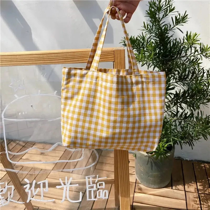 Portable Beach Lunch Bag | Japanese Plaid Cotton | Stylish and Simple Tote for Picnics and Outdoor Fun | Perfect for Women, Kids, and Family Outings