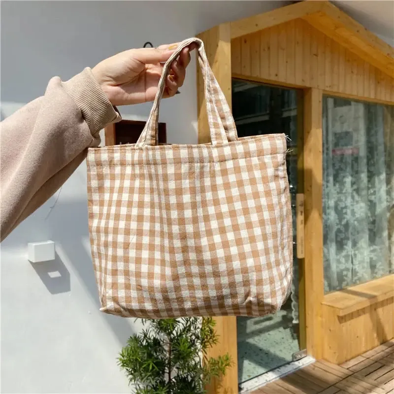 Portable Beach Lunch Bag | Japanese Plaid Cotton | Stylish and Simple Tote for Picnics and Outdoor Fun | Perfect for Women, Kids, and Family Outings