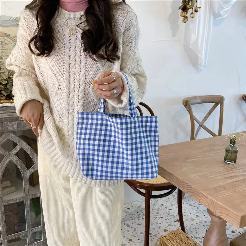 Portable Beach Lunch Bag | Japanese Plaid Cotton | Stylish and Simple Tote for Picnics and Outdoor Fun | Perfect for Women, Kids, and Family Outings