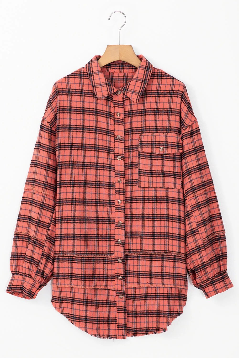 Red Plaid Long Sleeeve Side Split Distressed Hem Shirt