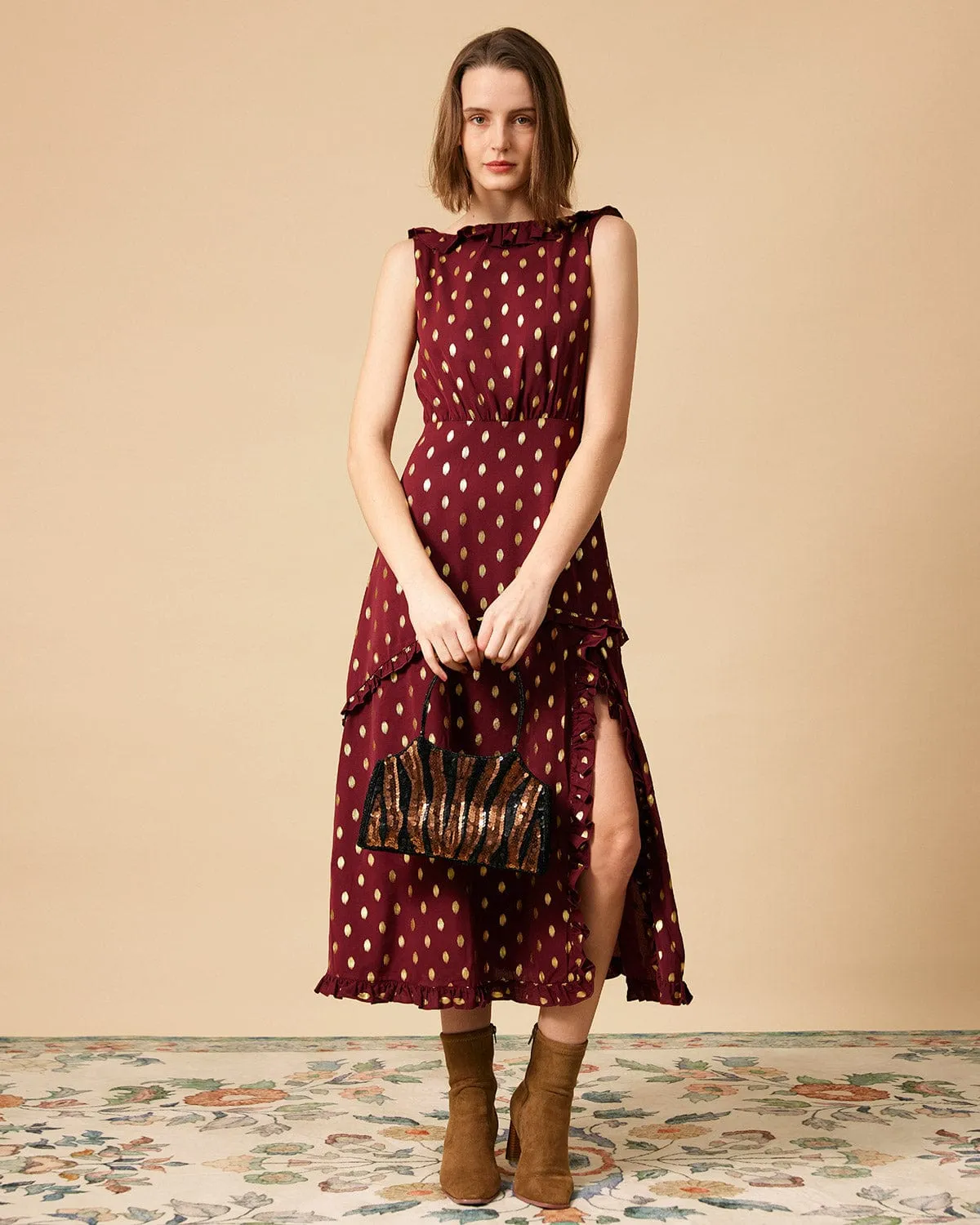 The Polka Dot Sleeveless Slit Midi Dress