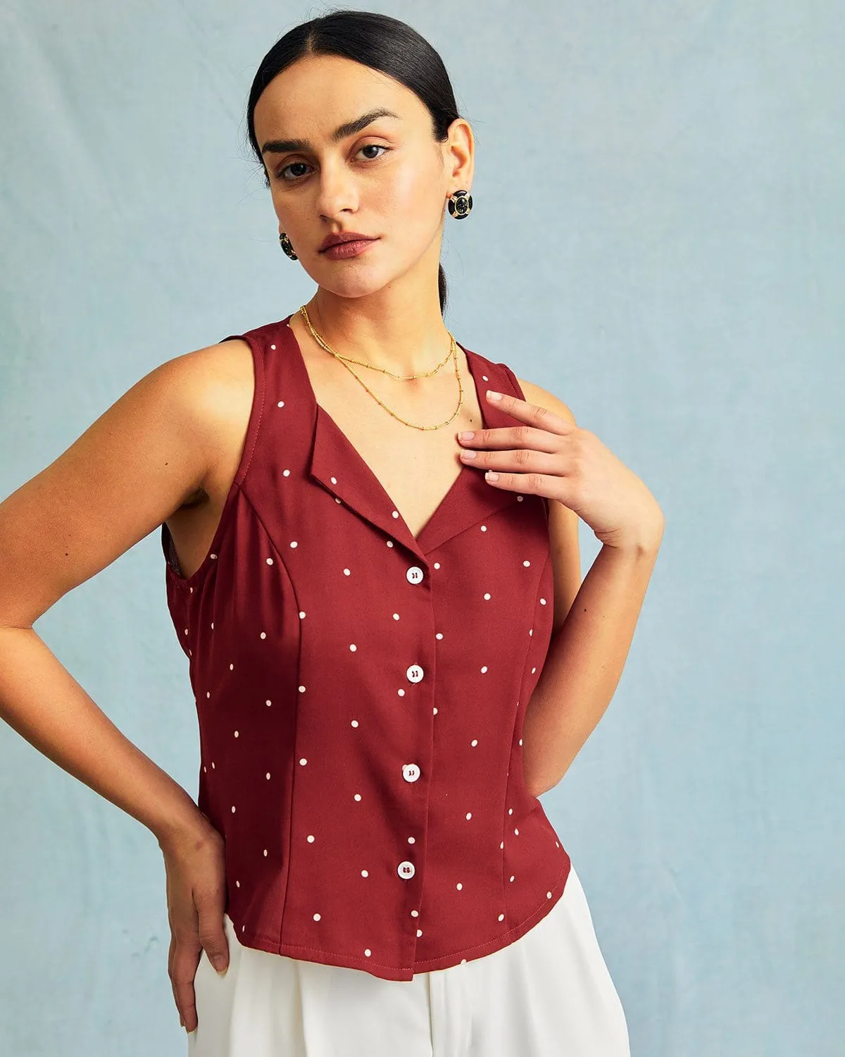 The Red V Neck Polka Dot Print Sleeveless Vest