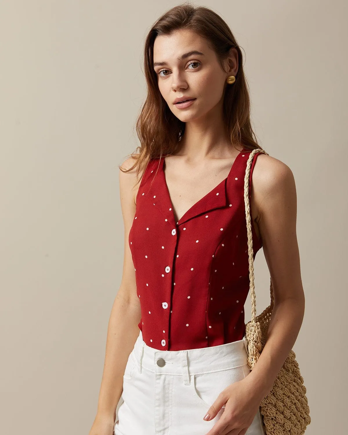 The Red V Neck Polka Dot Print Sleeveless Vest