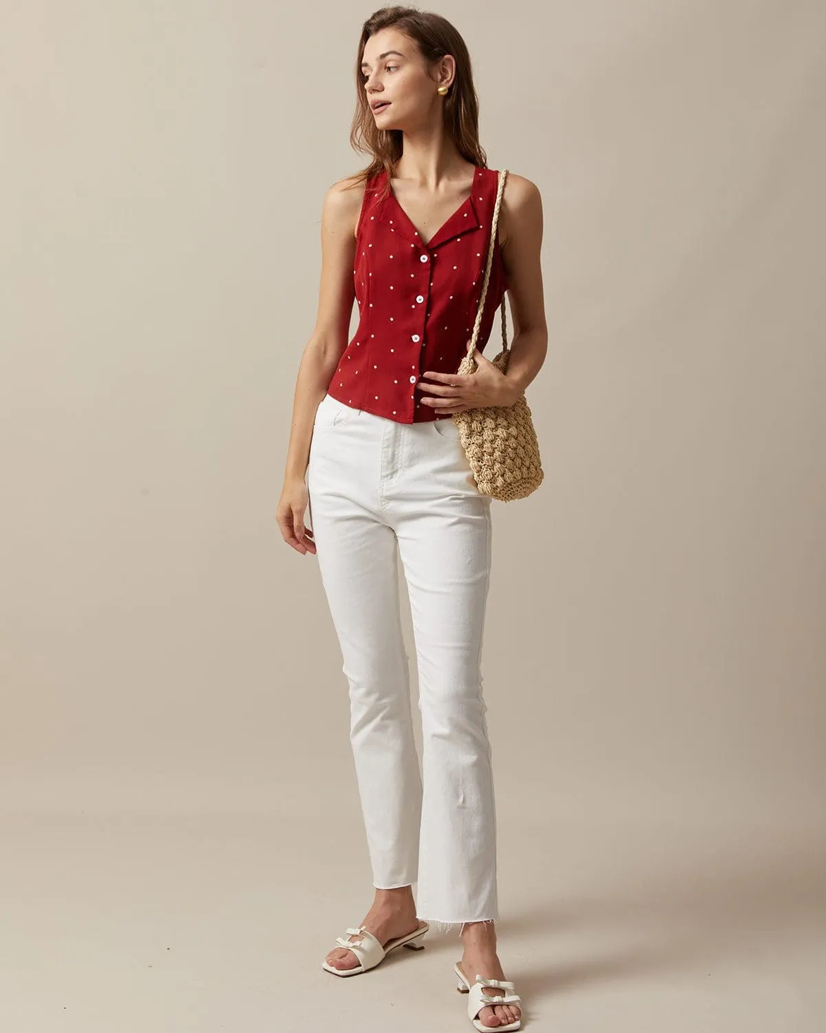 The Red V Neck Polka Dot Print Sleeveless Vest