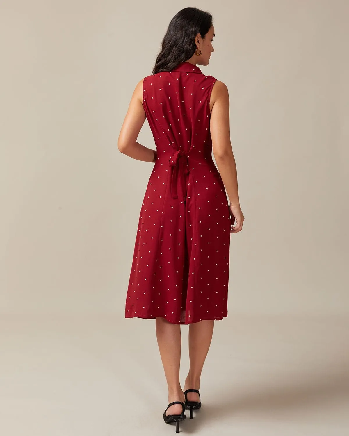 The Red V Neck Polka Dot Tie Back Midi Dress