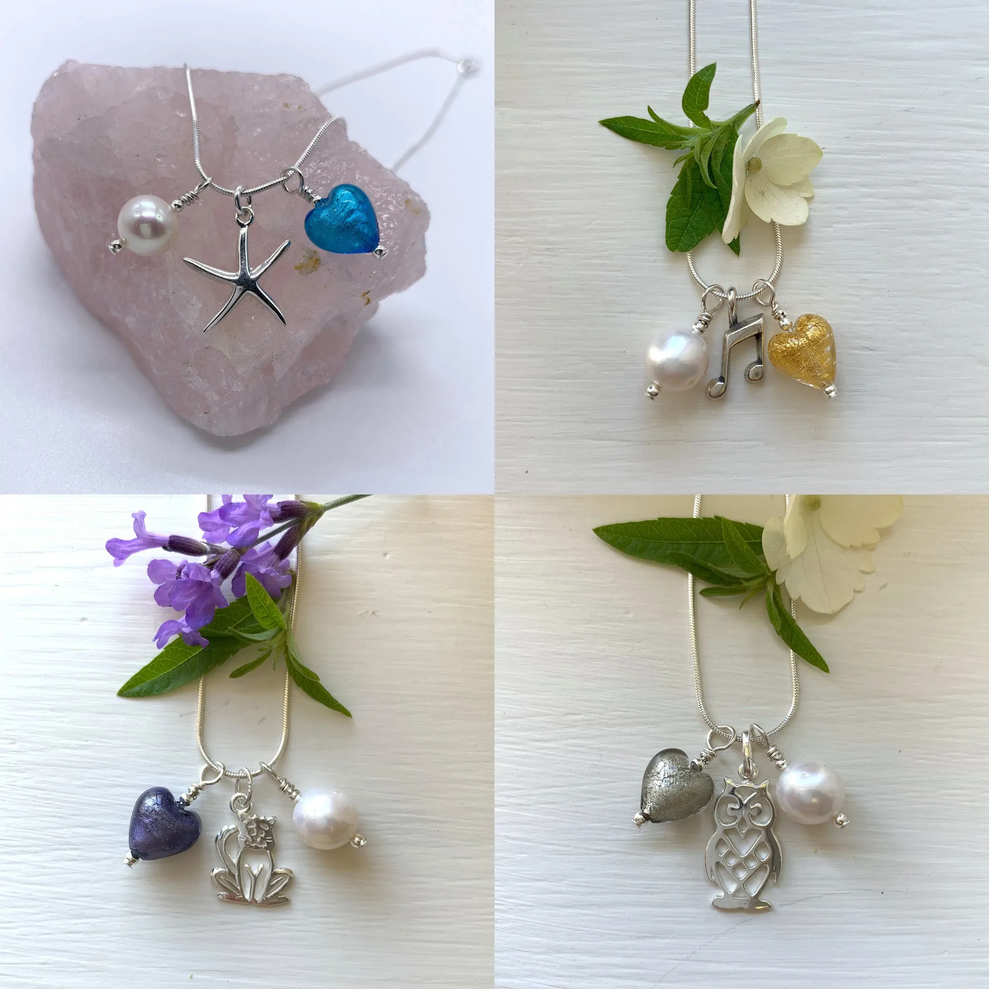 Three charm necklace in silver with cornflower blue heart and *charm options*