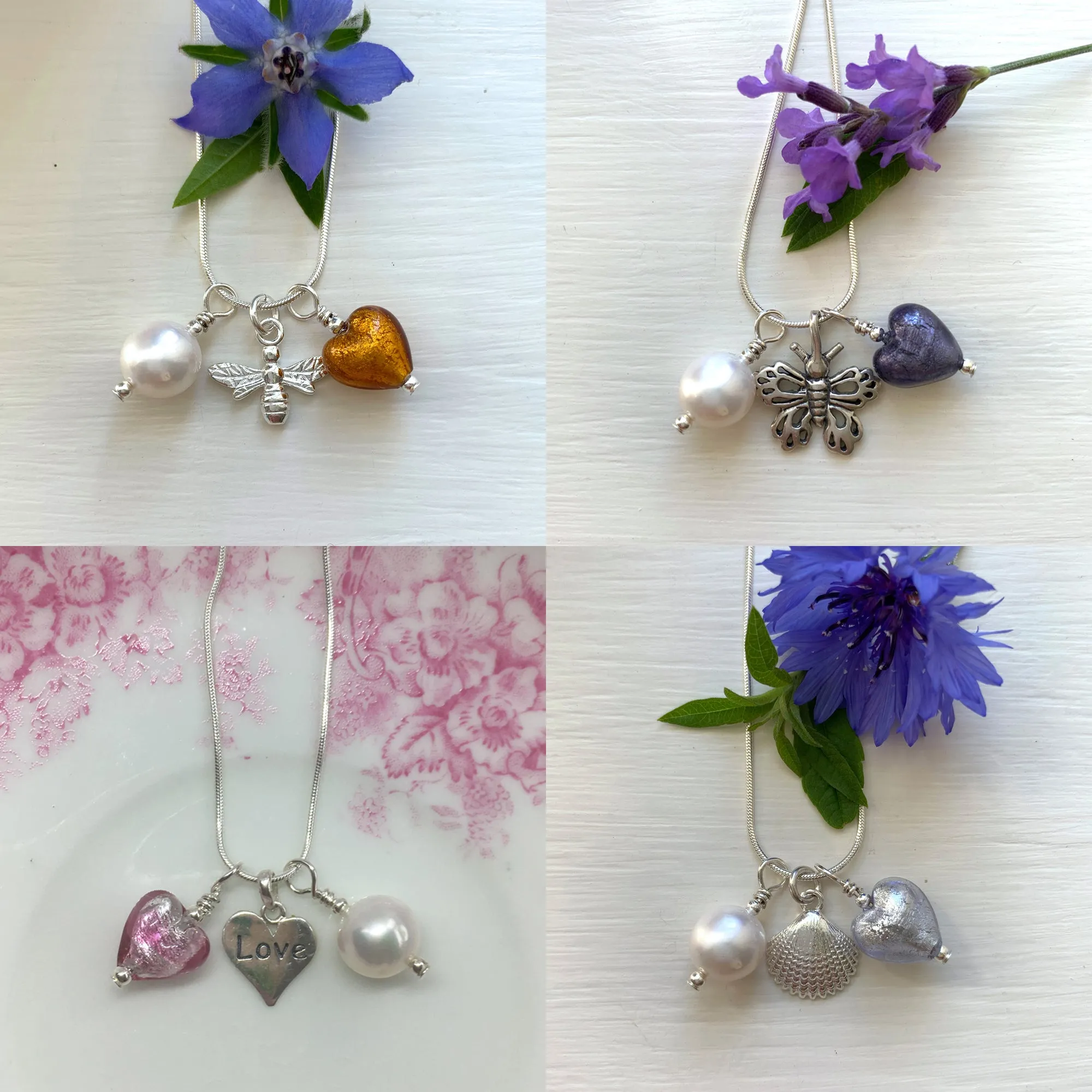 Three charm necklace in silver with cornflower blue heart and *charm options*