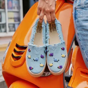 TOMS X Fizzy Goblet Knotted(Hand-embroidered) Sheep Blue Platform Espadrilles