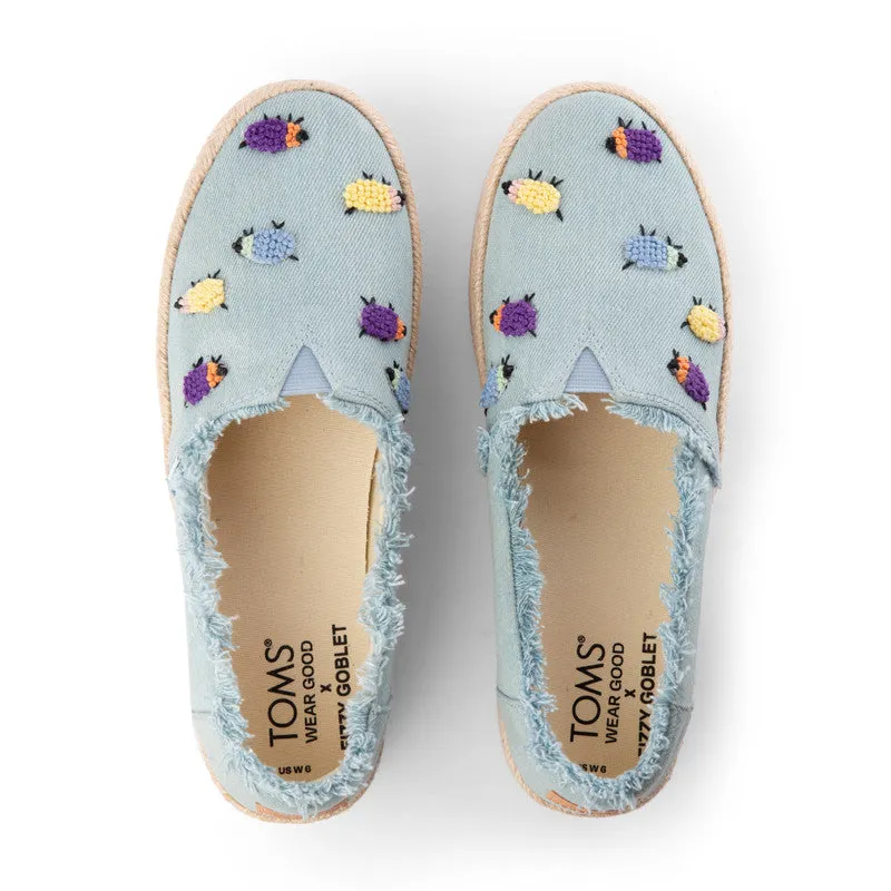 TOMS X Fizzy Goblet Knotted(Hand-embroidered) Sheep Blue Platform Espadrilles