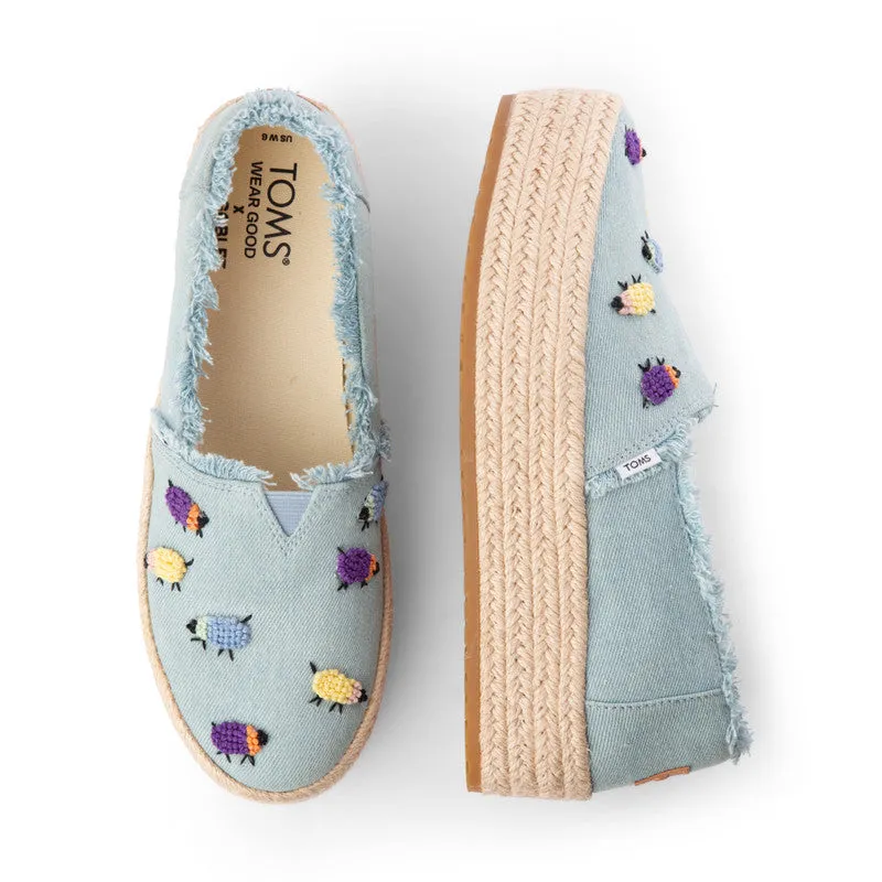 TOMS X Fizzy Goblet Knotted(Hand-embroidered) Sheep Blue Platform Espadrilles