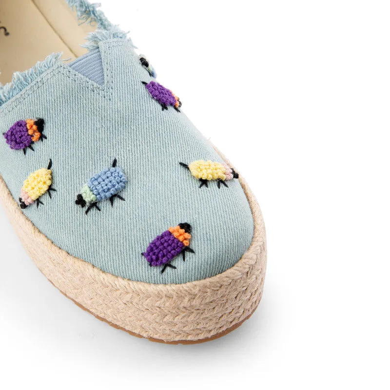 TOMS X Fizzy Goblet Knotted(Hand-embroidered) Sheep Blue Platform Espadrilles