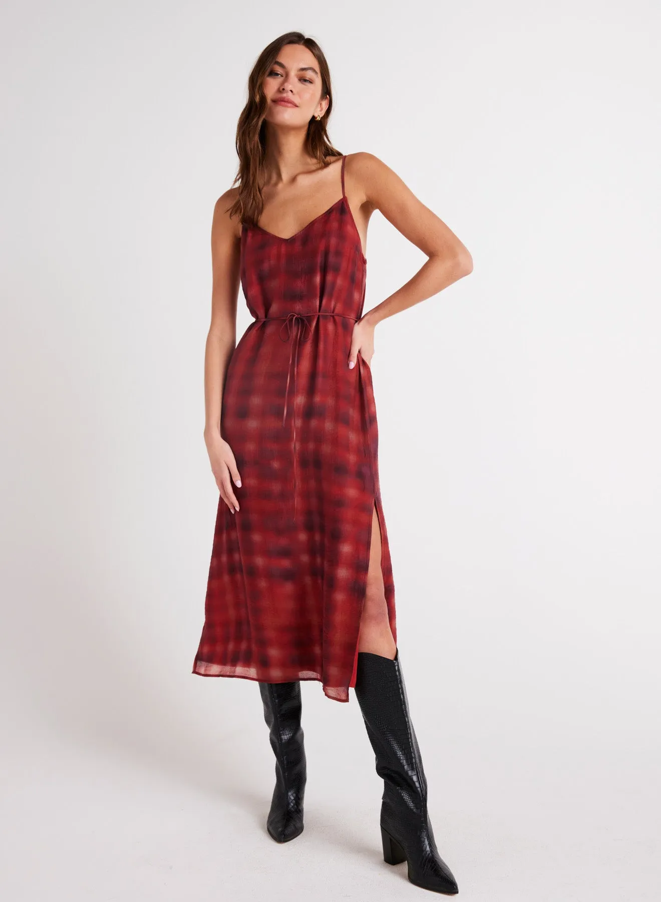 V-Neck Cami Shift Dress - Blurred Plaid Print