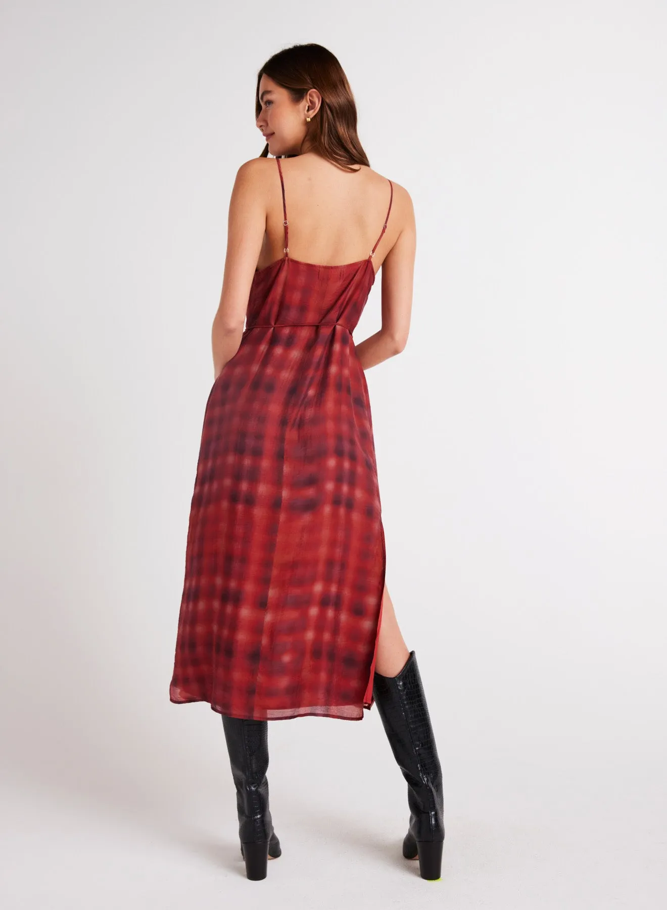 V-Neck Cami Shift Dress - Blurred Plaid Print