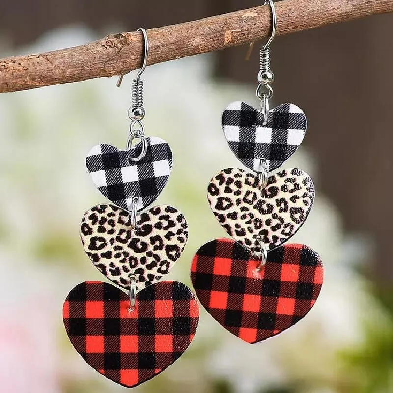 Valentine's Day Heart Shaped Red Plaid Leather Earrings